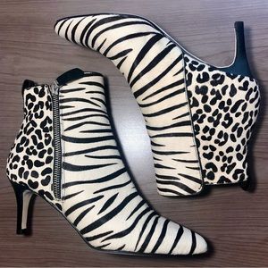 Size 7 Black and White Animal Print Real Fur Ankle Boot Heels